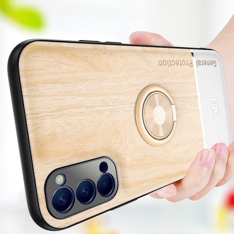 For OPPO Reno4 4G Wood Grain PC + TPU Shockproof Protective Case with Ring Holder