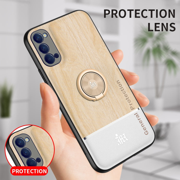 For OPPO Reno4 4G Wood Grain PC + TPU Shockproof Protective Case with Ring Holder