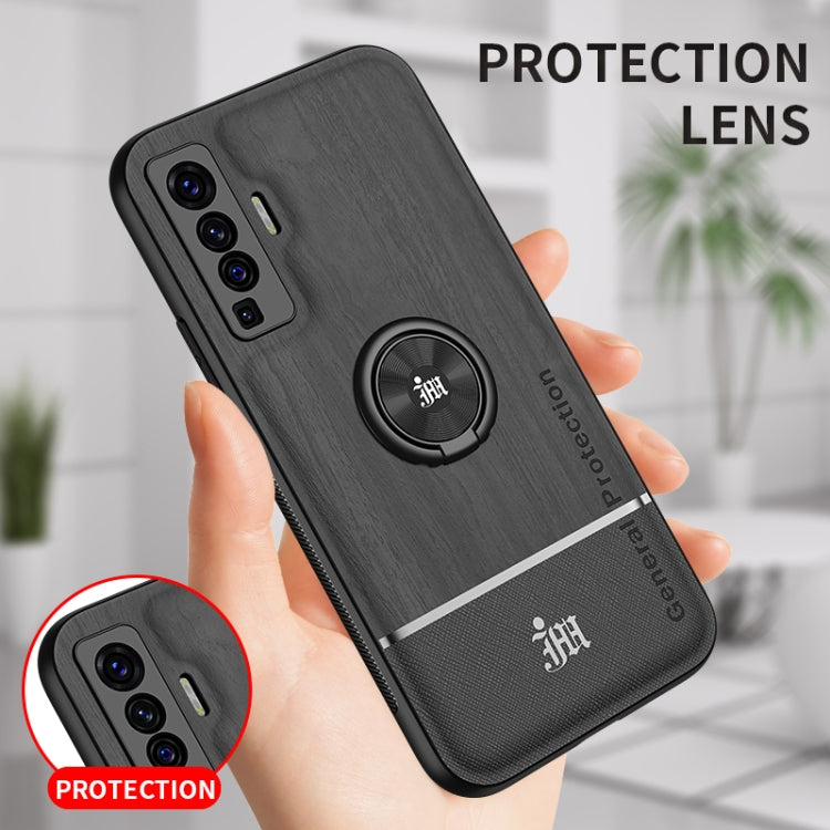 For vivo X50 Wood Grain PC + TPU Shockproof Protective Case with Ring Holder