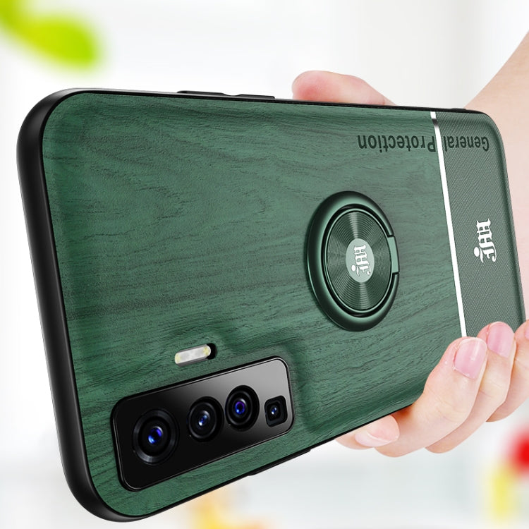 For vivo X50 Wood Grain PC + TPU Shockproof Protective Case with Ring Holder