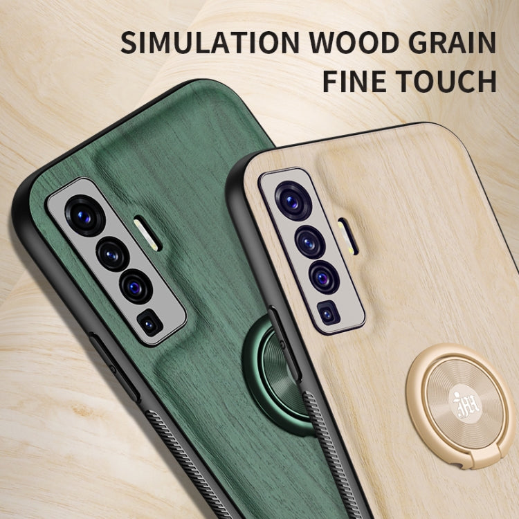 For vivo X50 Wood Grain PC + TPU Shockproof Protective Case with Ring Holder