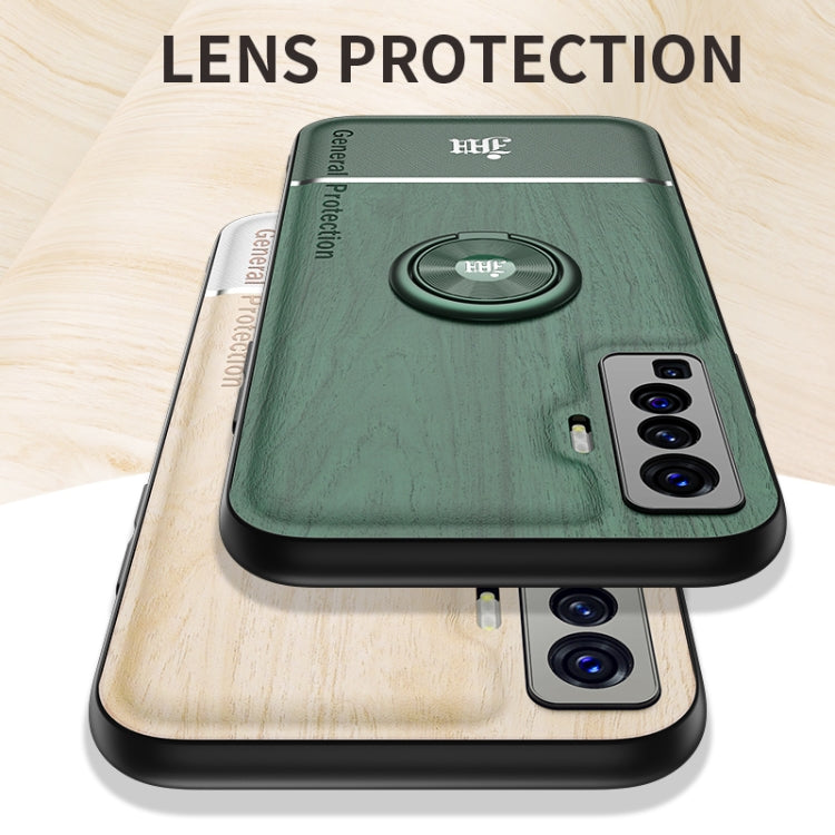 For vivo X50 Wood Grain PC + TPU Shockproof Protective Case with Ring Holder