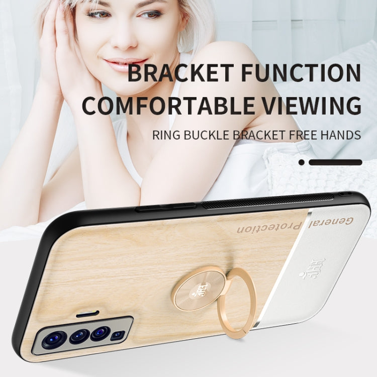 For vivo X50 Wood Grain PC + TPU Shockproof Protective Case with Ring Holder