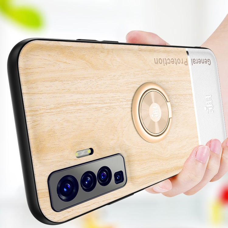 For vivo X50 Wood Grain PC + TPU Shockproof Protective Case with Ring Holder