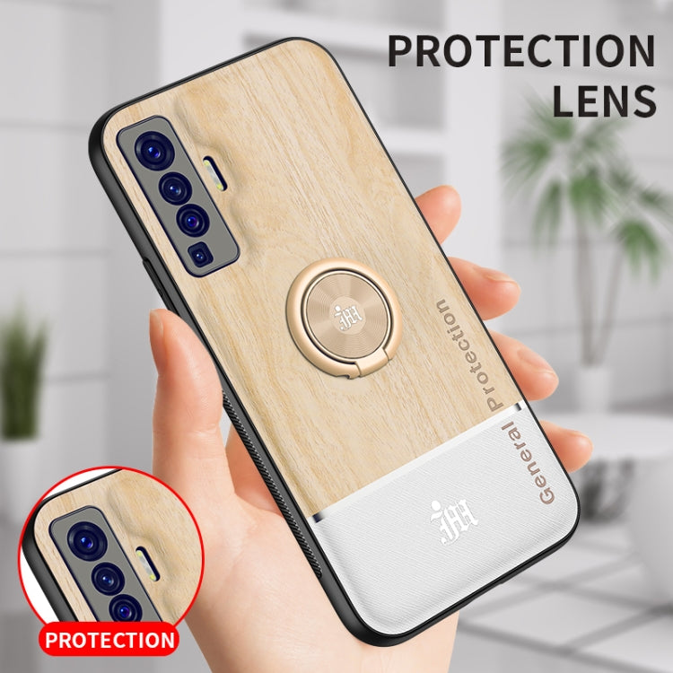 For vivo X50 Wood Grain PC + TPU Shockproof Protective Case with Ring Holder
