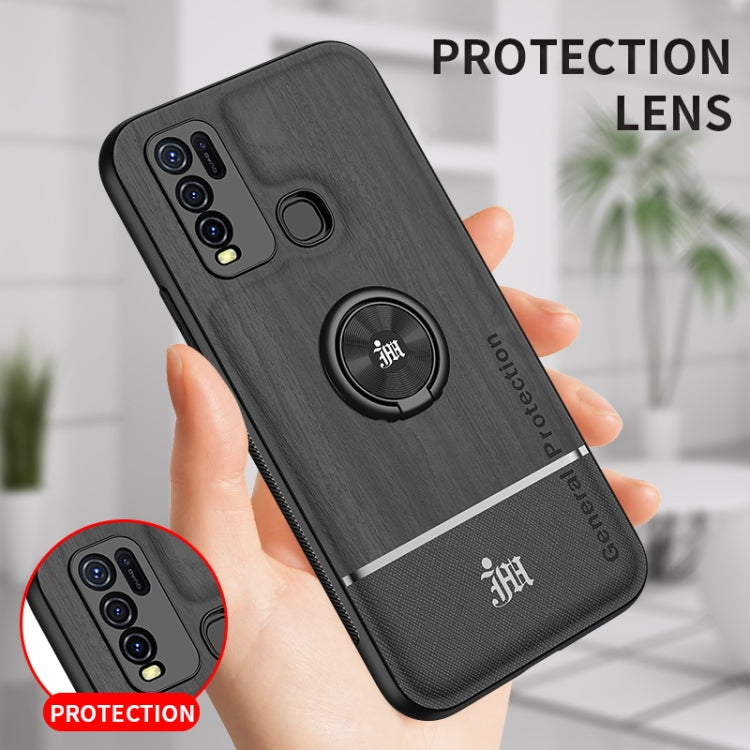 For vivo Y50 Wood Grain PC + TPU Shockproof Protective Case with Ring Holder