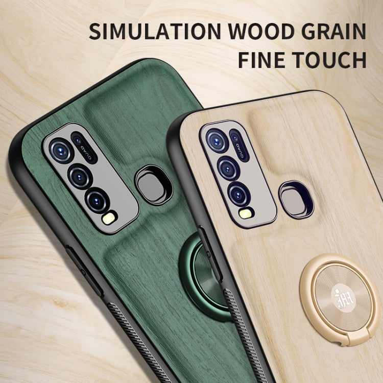 For vivo Y50 Wood Grain PC + TPU Shockproof Protective Case with Ring Holder