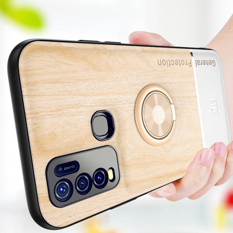 For vivo Y50 Wood Grain PC + TPU Shockproof Protective Case with Ring Holder
