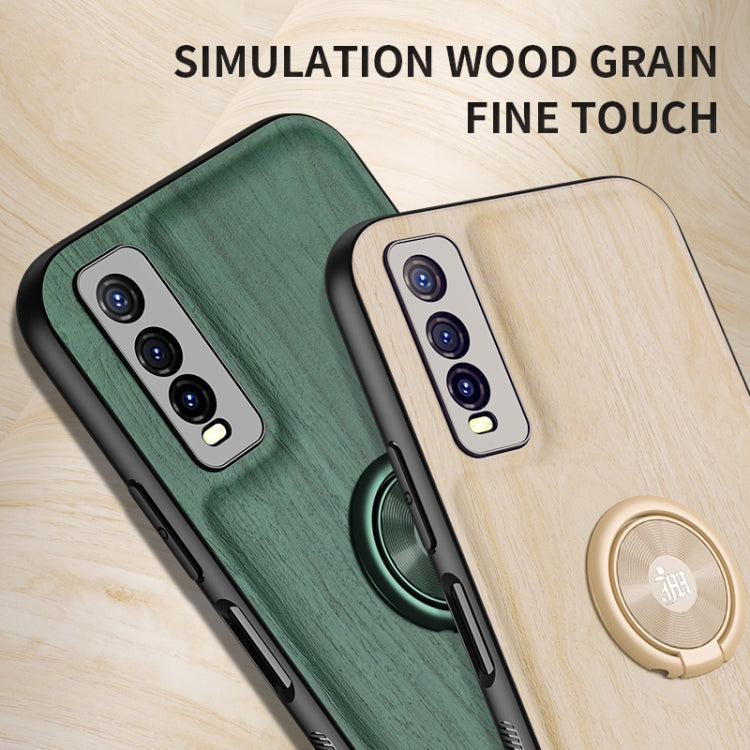 For vivo Y70s Wood Grain PC + TPU Shockproof Protective Case with Ring Holder