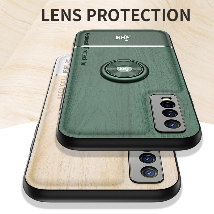 For vivo Y70s Wood Grain PC + TPU Shockproof Protective Case with Ring Holder