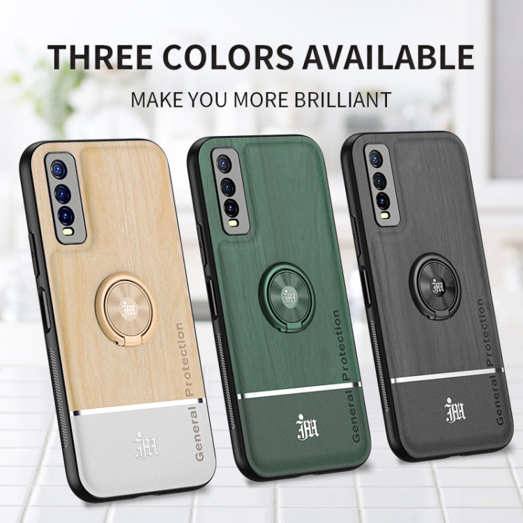 For vivo Y70s Wood Grain PC + TPU Shockproof Protective Case with Ring Holder