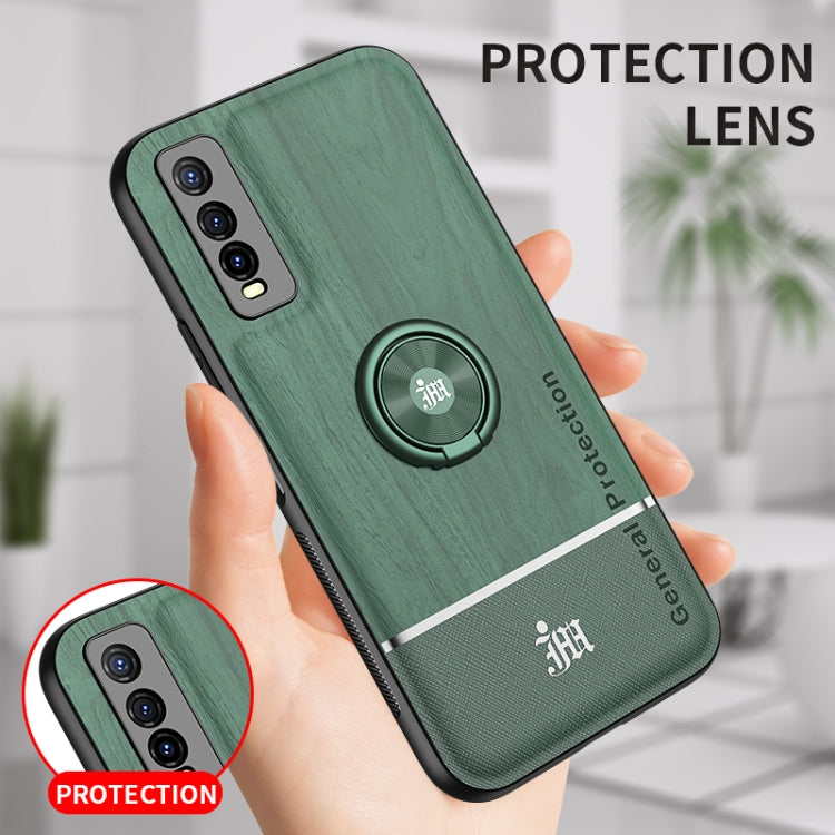 For vivo Y70s Wood Grain PC + TPU Shockproof Protective Case with Ring Holder