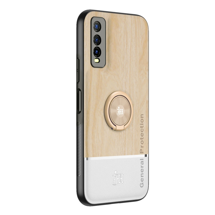 For vivo Y70s Wood Grain PC + TPU Shockproof Protective Case with Ring Holder