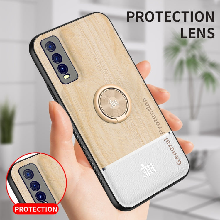 For vivo Y70s Wood Grain PC + TPU Shockproof Protective Case with Ring Holder