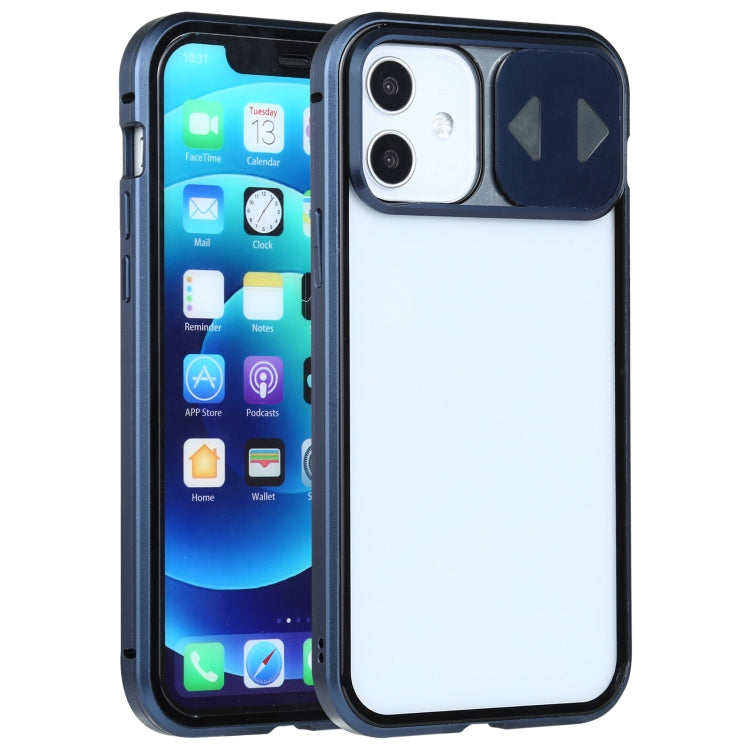 For iPhone 12 mini Sliding Lens Cover Mirror Design Four-corner Shockproof Magnetic Metal Frame Double-sided Tempered Glass Case