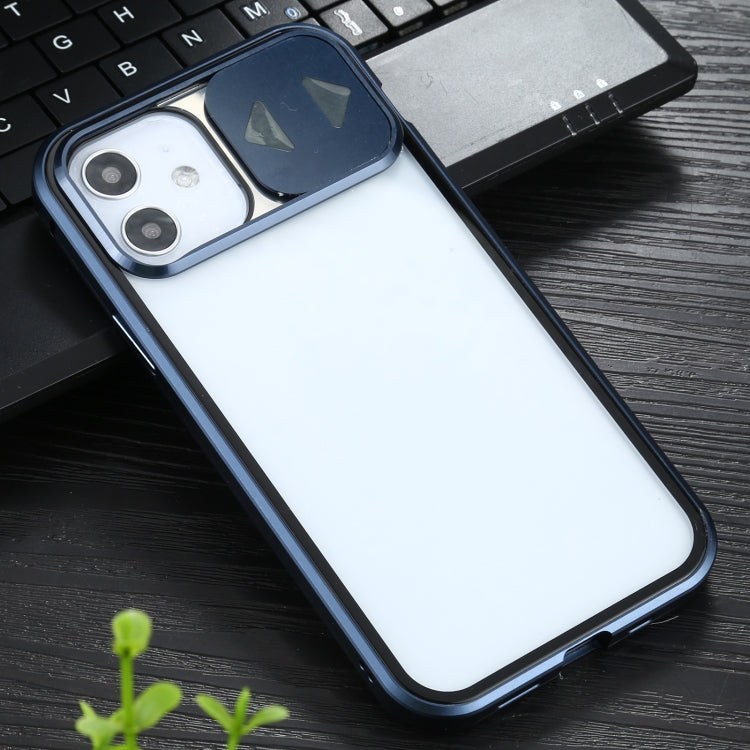 For iPhone 12 / 12 Pro Sliding Lens Cover Mirror Design Four-corner Shockproof Magnetic Metal Frame Double-sided Tempered Glass Case