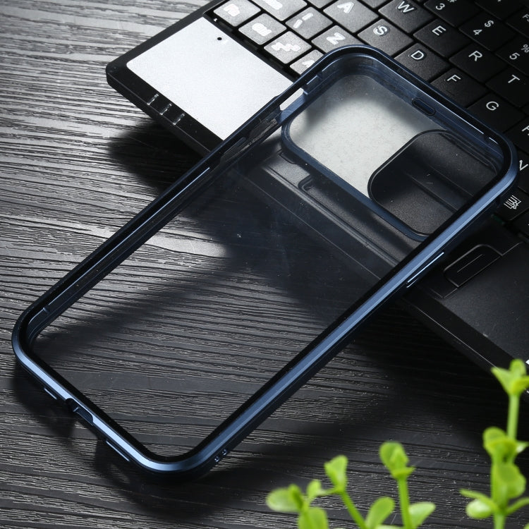 For iPhone 12 / 12 Pro Sliding Lens Cover Mirror Design Four-corner Shockproof Magnetic Metal Frame Double-sided Tempered Glass Case