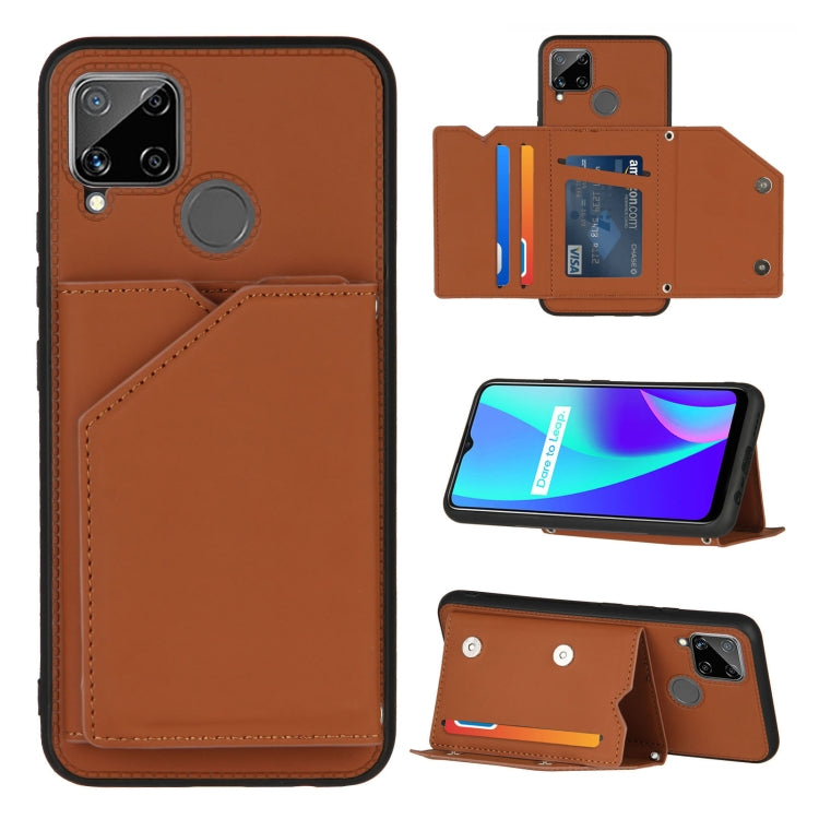 For OPPO Realme C15 Skin Feel PU + TPU + PC Back Cover Shockproof Case with Card Slots & Holder & Photo Frame