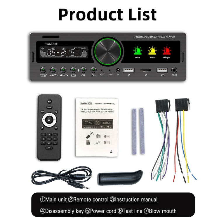 SWM-80E DC12V Car MP3 Support FM / AM & Bluetooth & Mobile Phone Voice Assistant & Drunk Driving Test Function