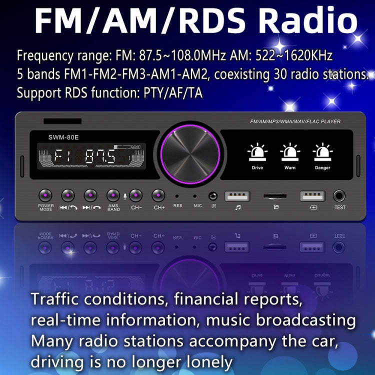 SWM-80E DC12V Car MP3 Support FM / AM & Bluetooth & Mobile Phone Voice Assistant & Drunk Driving Test Function