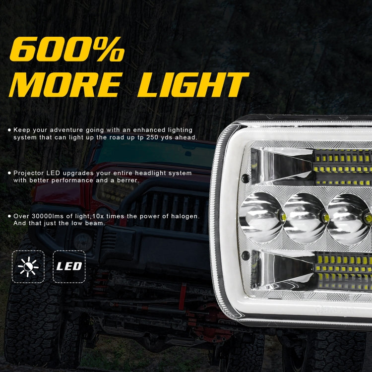 7 inch(5X7)/(7X6) H4 DC 9V-30V 30000LM 200W Car Square Shape LED Headlight Lamps for Jeep Wrangler, with Angel Eye