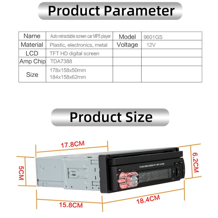 9601G Car 7 inch Telescopic Screen Bluetooth MP5 Supports FM / AUX / U Disk / Mobile Phone Interconnection / GPS