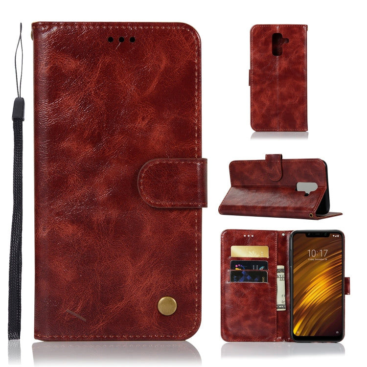 For Xiaomi Pocophone F1 Retro Copper Button Crazy Horse Horizontal Flip PU Leather Case with Holder & Card Slots & Wallet & Lanyard