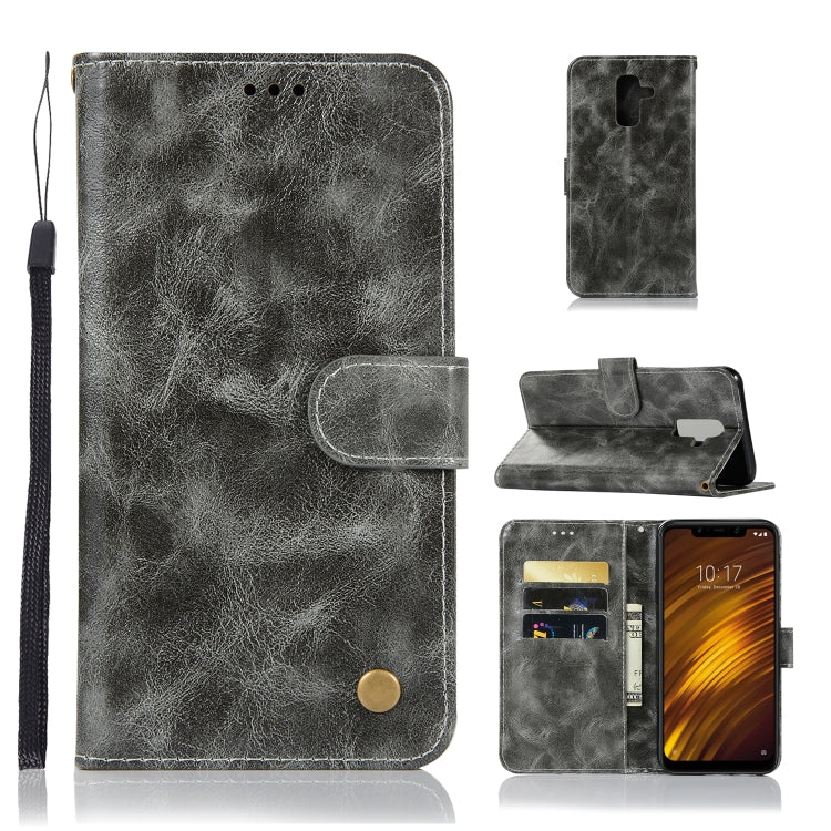 For Xiaomi Pocophone F1 Retro Copper Button Crazy Horse Horizontal Flip PU Leather Case with Holder & Card Slots & Wallet & Lanyard