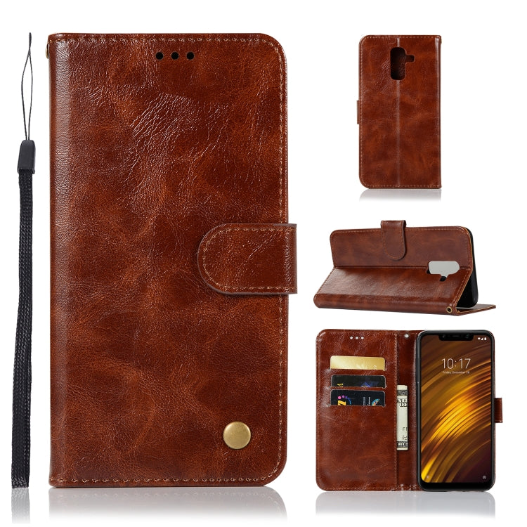 For Xiaomi Pocophone F1 Retro Copper Button Crazy Horse Horizontal Flip PU Leather Case with Holder & Card Slots & Wallet & Lanyard