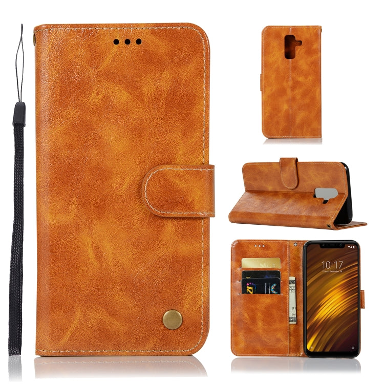 For Xiaomi Pocophone F1 Retro Copper Button Crazy Horse Horizontal Flip PU Leather Case with Holder & Card Slots & Wallet & Lanyard