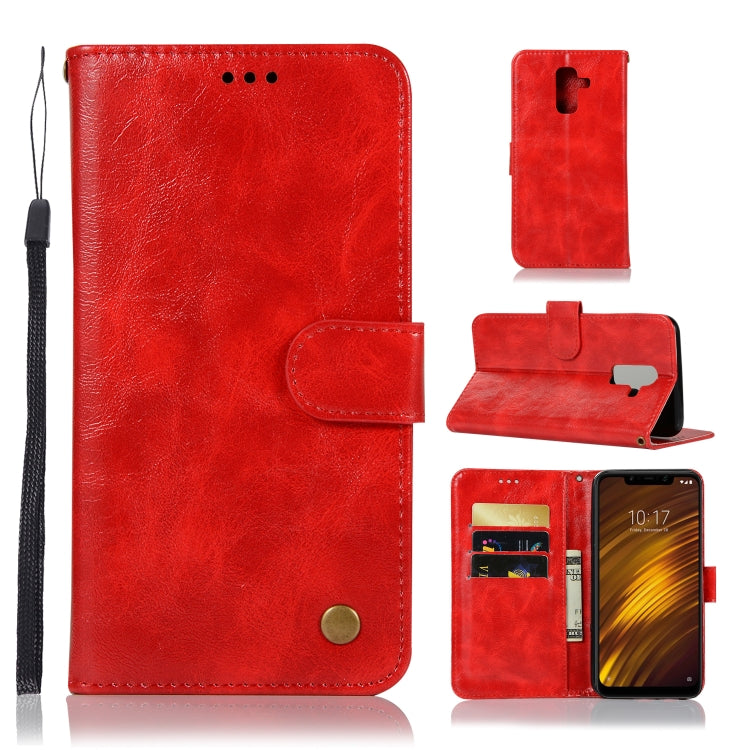 For Xiaomi Pocophone F1 Retro Copper Button Crazy Horse Horizontal Flip PU Leather Case with Holder & Card Slots & Wallet & Lanyard