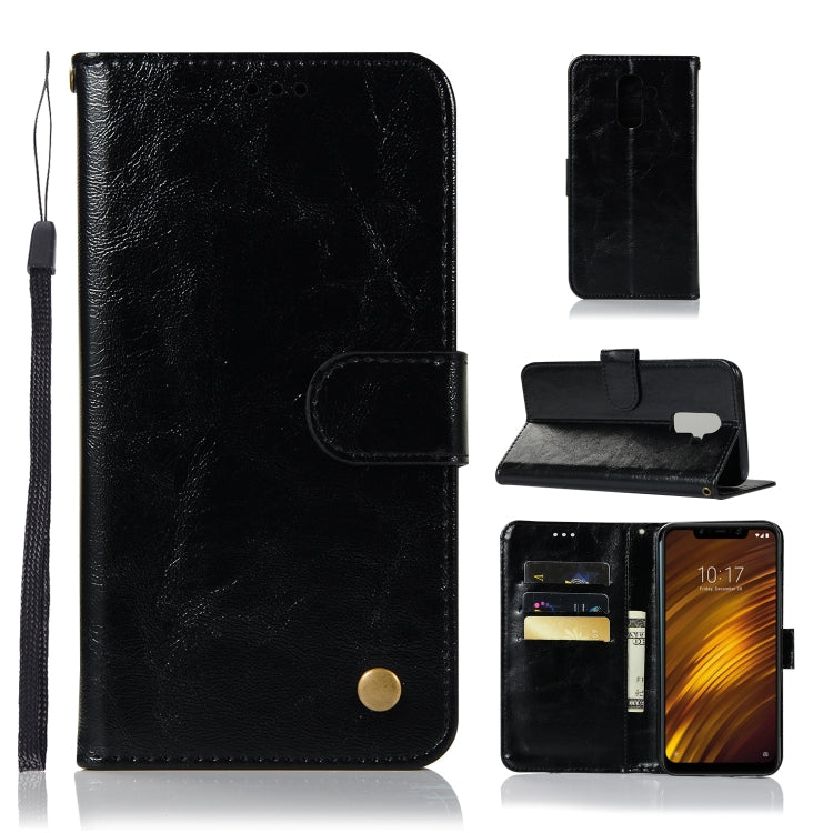 For Xiaomi Pocophone F1 Retro Copper Button Crazy Horse Horizontal Flip PU Leather Case with Holder & Card Slots & Wallet & Lanyard