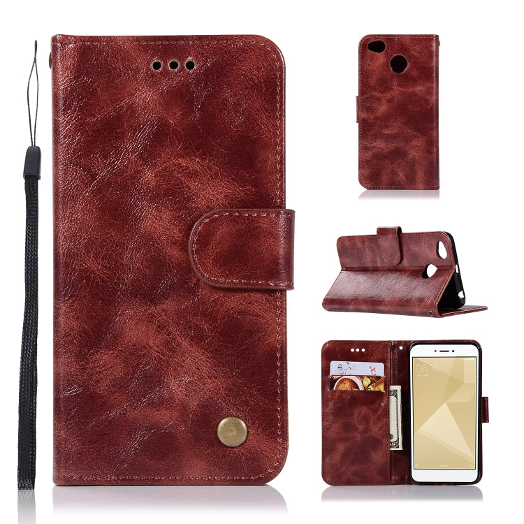 For Xiaomi Redmi 4X Retro Copper Button Crazy Horse Horizontal Flip PU Leather Case with Holder & Card Slots & Wallet & Lanyard