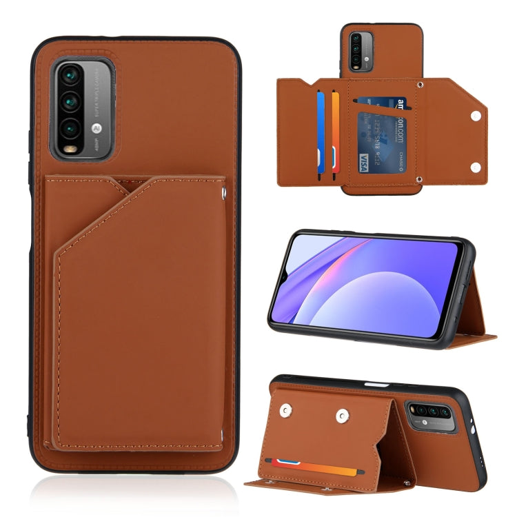 For Xiaomi Poco M3 / Redmi Note 9 4G Skin Feel PU + TPU + PC Back Cover Shockproof Case with Card Slots & Holder & Photo Frame