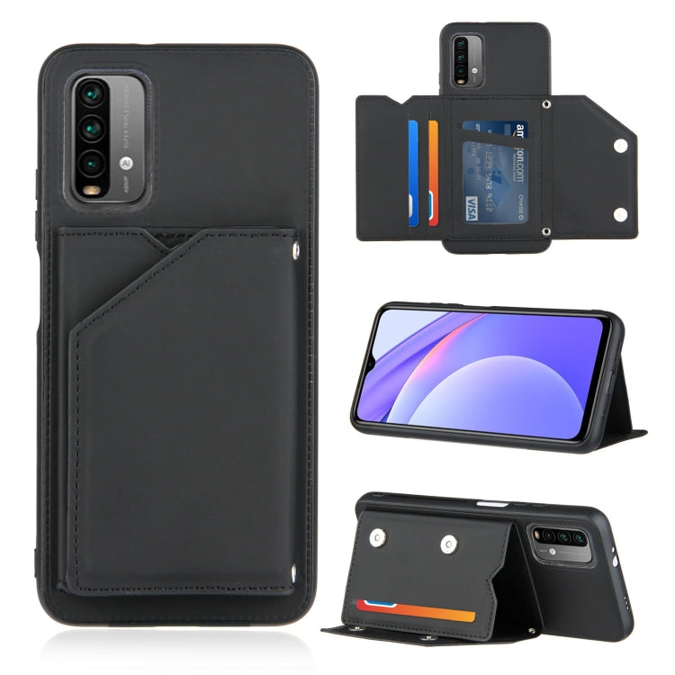 For Xiaomi Poco M3 / Redmi Note 9 4G Skin Feel PU + TPU + PC Back Cover Shockproof Case with Card Slots & Holder & Photo Frame