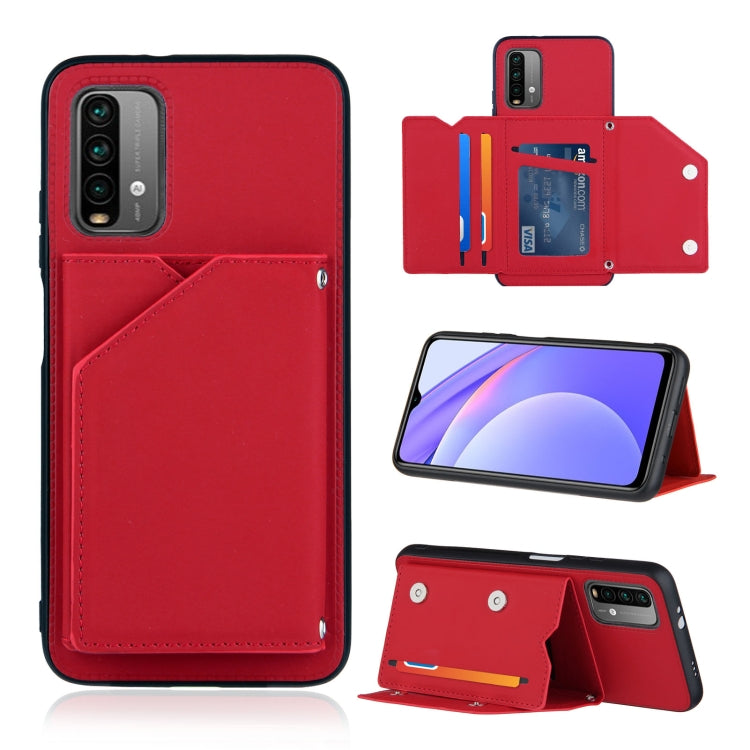 For Xiaomi Poco M3 / Redmi Note 9 4G Skin Feel PU + TPU + PC Back Cover Shockproof Case with Card Slots & Holder & Photo Frame