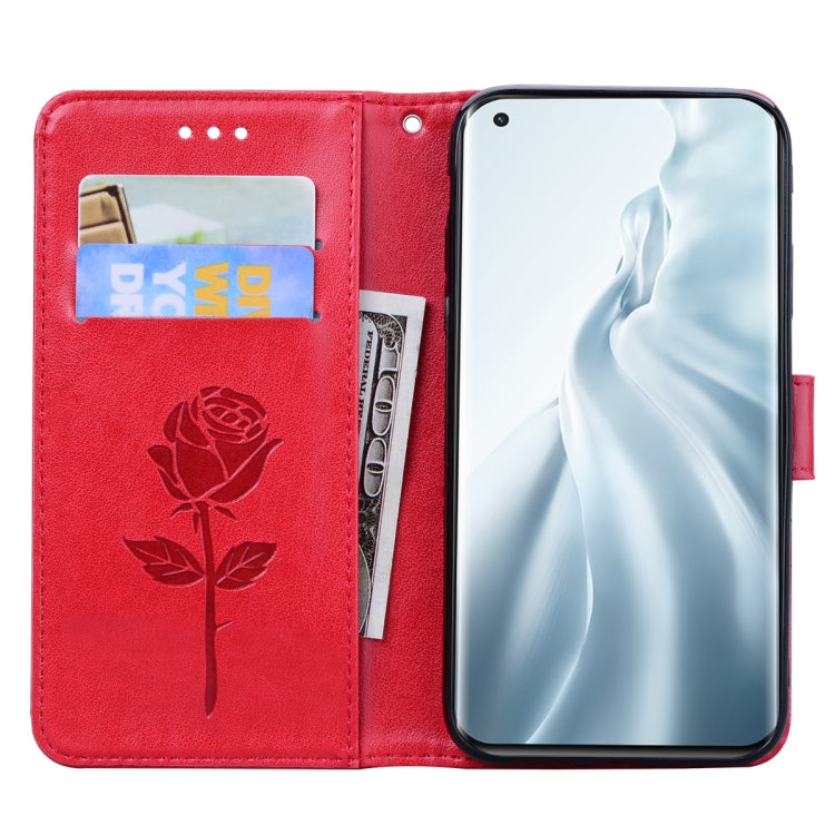 For Xiaomi Mi 11 Lite Rose Embossed Horizontal Flip PU Leather Case with Holder & Card Slots & Wallet