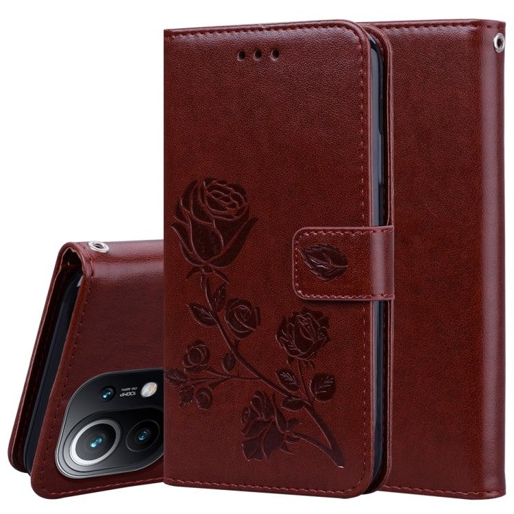 For Xiaomi Mi 11 Lite Rose Embossed Horizontal Flip PU Leather Case with Holder & Card Slots & Wallet