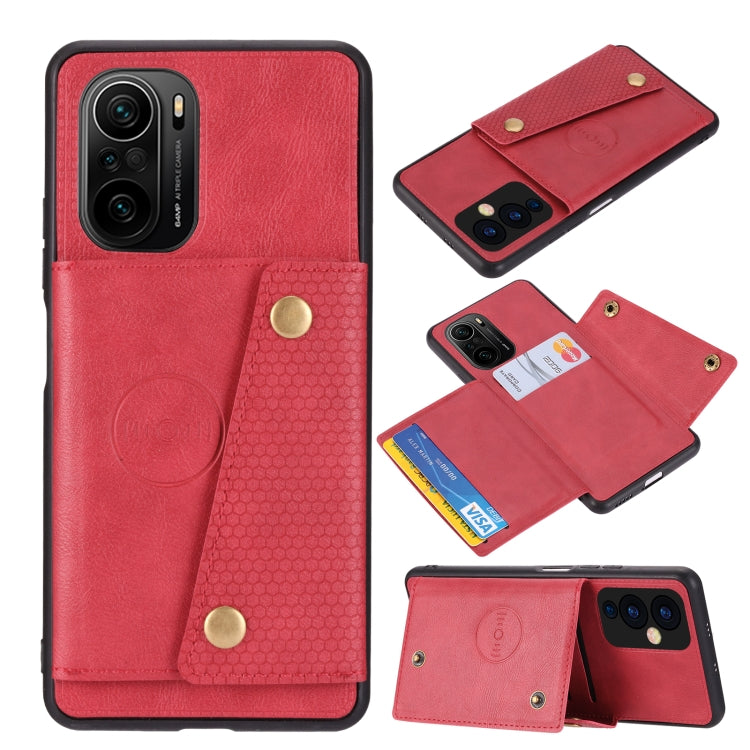 For Xiaomi Redmi K40 Double Buckle PU + TPU Shockproof Magnetic Protective Case with Card Slot & Holder