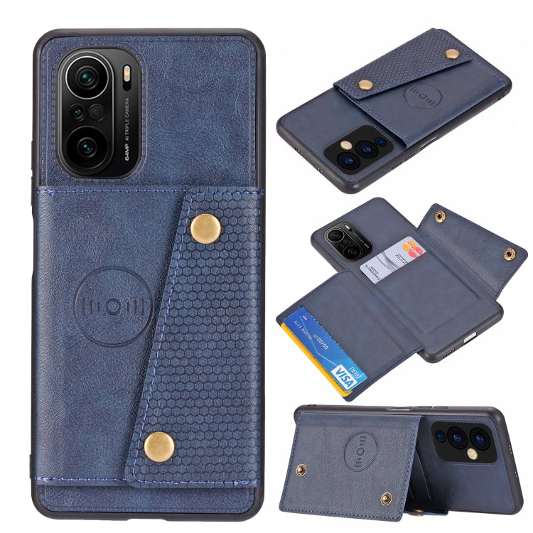 For Xiaomi Redmi K40 Double Buckle PU + TPU Shockproof Magnetic Protective Case with Card Slot & Holder