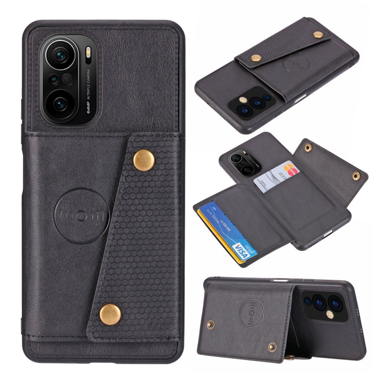 For Xiaomi Redmi K40 Double Buckle PU + TPU Shockproof Magnetic Protective Case with Card Slot & Holder