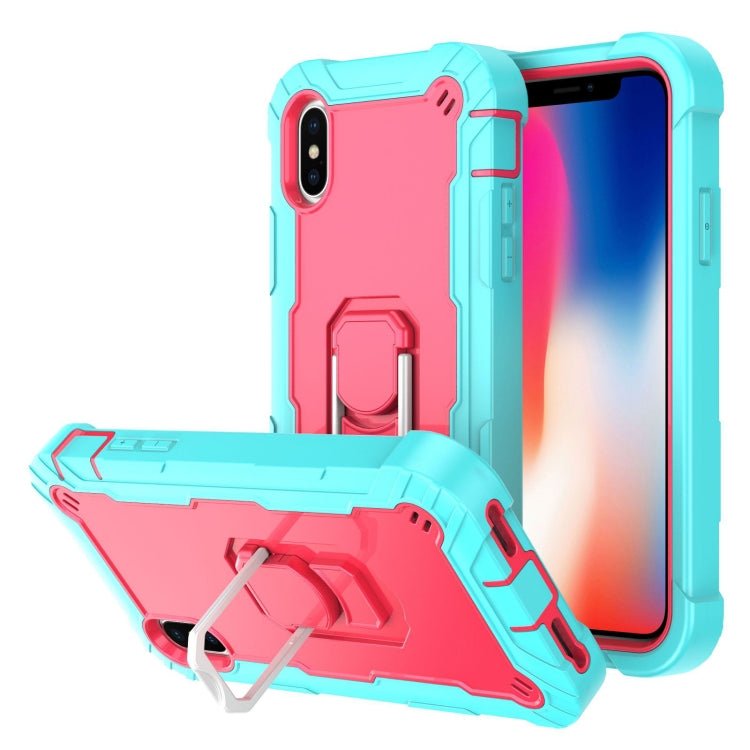 For iPhone X / XS PC + Rubber 3-layers Shockproof Protective Case with Rotating Holder