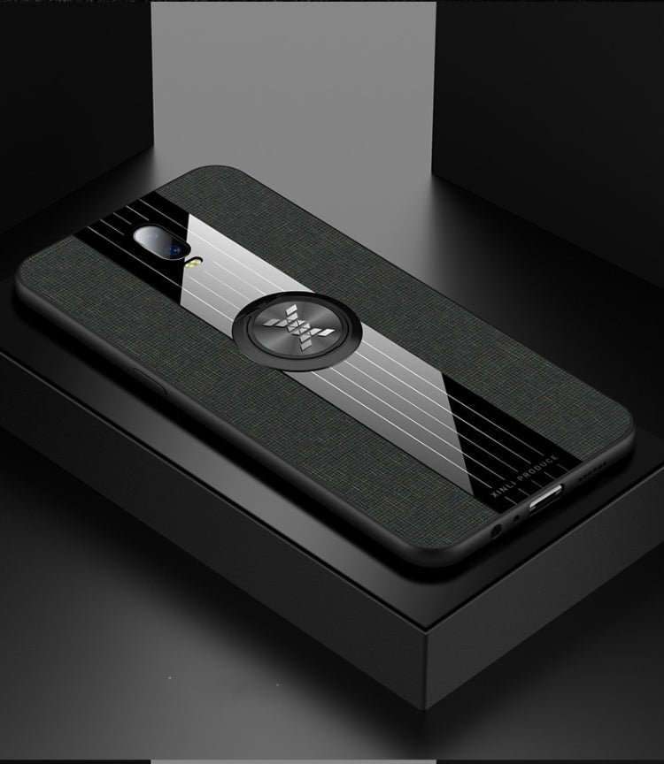 For OPPO Realme X Lite XINLI Stitching Cloth Textue Shockproof TPU Protective Case with Ring Holder