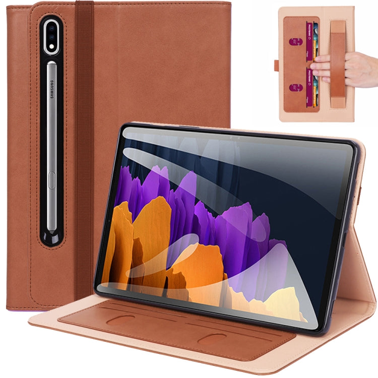 For Samsung Galaxy Tab S8+ / Tab S8 Plus / Tab S7 FE / Tab S7+ / T970 Business Retro PU Horizontal Flip Leather Case with Holder & Card Slots & Hand Strap