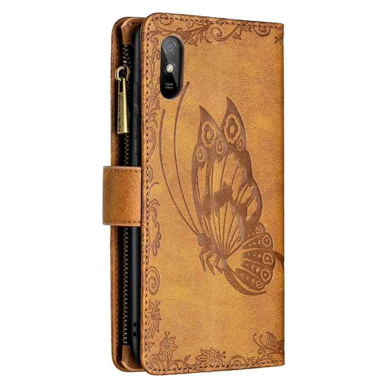 For Xiaomi Redmi 9A Flying Butterfly Embossing Pattern Zipper Horizontal Flip Leather Case with Holder & Card Slots & Wallet