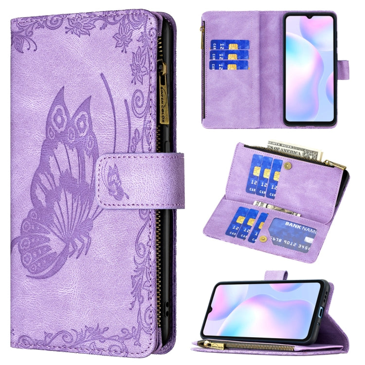 For Xiaomi Redmi 9A Flying Butterfly Embossing Pattern Zipper Horizontal Flip Leather Case with Holder & Card Slots & Wallet