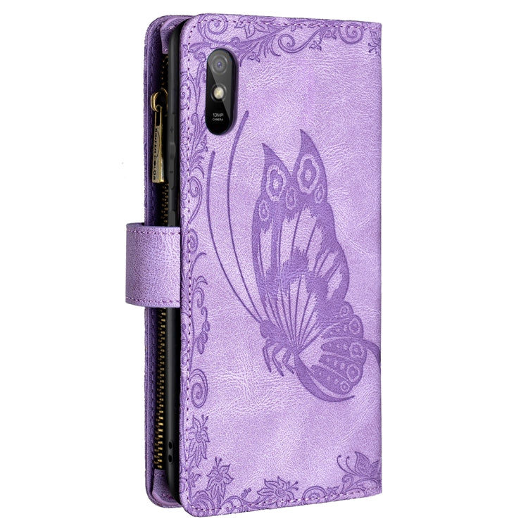For Xiaomi Redmi 9A Flying Butterfly Embossing Pattern Zipper Horizontal Flip Leather Case with Holder & Card Slots & Wallet