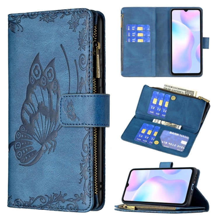 For Xiaomi Redmi 9A Flying Butterfly Embossing Pattern Zipper Horizontal Flip Leather Case with Holder & Card Slots & Wallet
