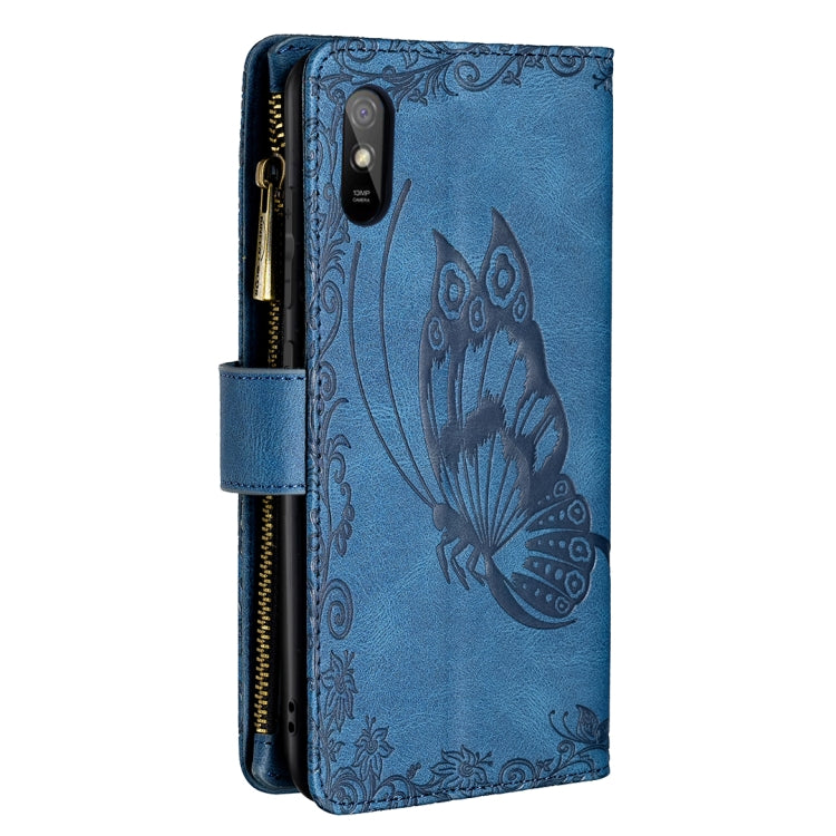 For Xiaomi Redmi 9A Flying Butterfly Embossing Pattern Zipper Horizontal Flip Leather Case with Holder & Card Slots & Wallet