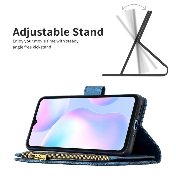 For Xiaomi Redmi 9A Flying Butterfly Embossing Pattern Zipper Horizontal Flip Leather Case with Holder & Card Slots & Wallet